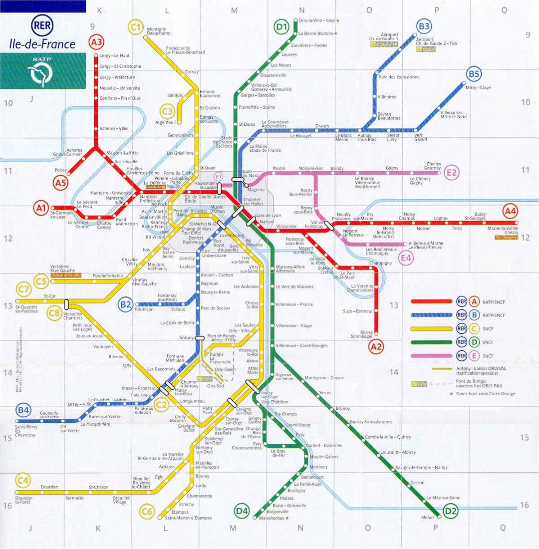 mapa Trenes de cercanias Lineas RER  Paris